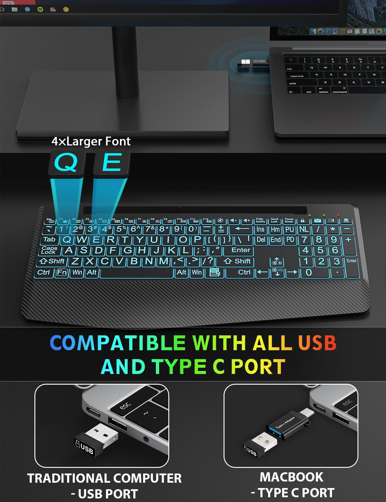 Wireless Keyboard and Mouse Backlits, Wrist Rest, Jiggler Mouse, Rechargeable Ergonomic Keyboard with Phone Holder, Silent Light Up Combo for Computer, Mac, PC, Laptop, Chromebook (Black)